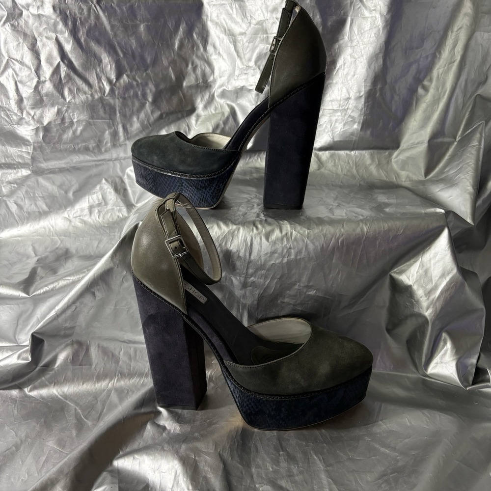 Topshop Womens Ankle Strap Block Heels 8.5 Olive Green Navy Blue Chunky Platform